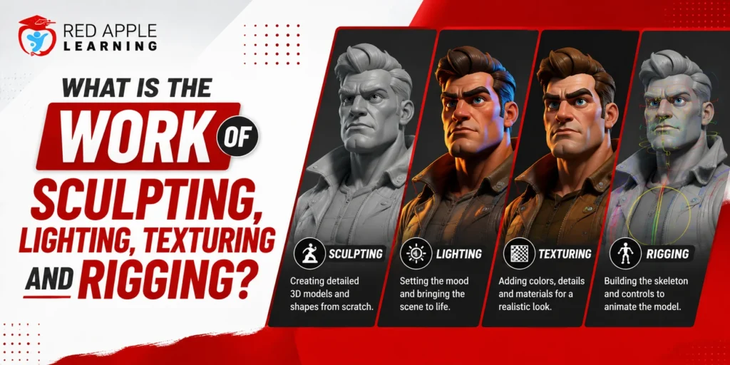 know the  Work of Sculpting, Lighting, Texturing and Rigging